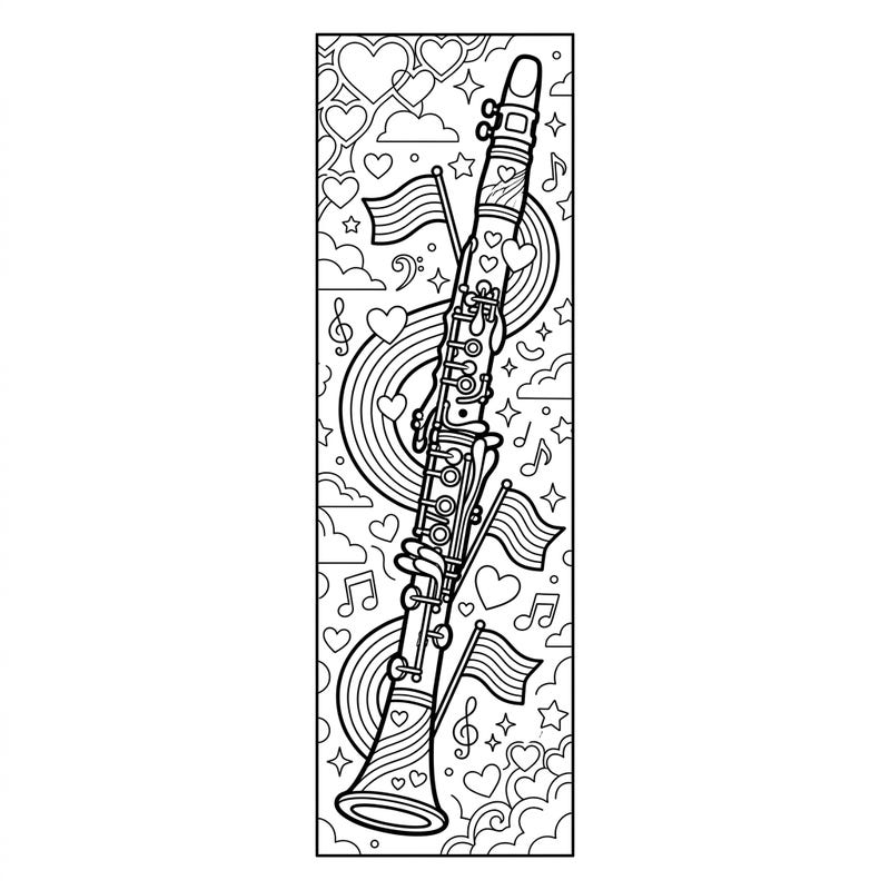Embrace the vibrant spirit of Pride Month with this beautifully designed clarinet bookmark coloring page. Adorned with joyful rainbows, hearts, and musical motifs, it's a perfect blend of musical passion and celebratory inclusivity.