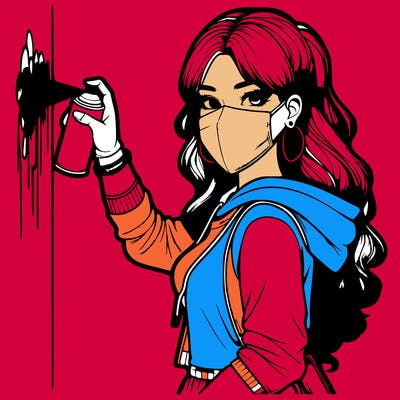 realistic girl with mask spray painting a wall