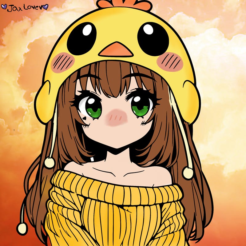 anime girl with chick shaped hat with sweater with bare shoulders with bangs covering them one eye with low tail