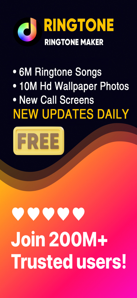아이폰 벨소리 앱 홍보 화면, 600만 곡, 1000만 HD 배경화면, 매일 업데이트되는 통화 화면 강조