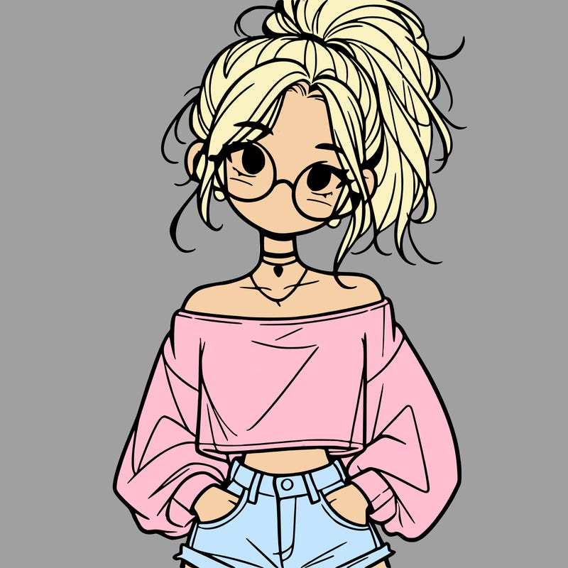 girl with a messy ponytail glasses a baggy crop top and jean shorts