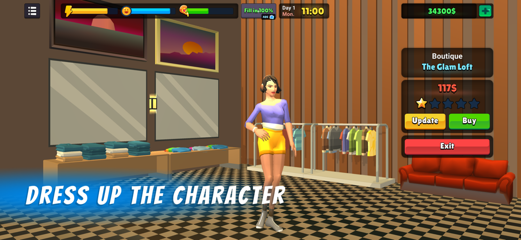 L.A. Story - Life Simulator - A female character standing in a clothing boutique called The Glam Loft with dress up options in L.A. Story Life Simulator