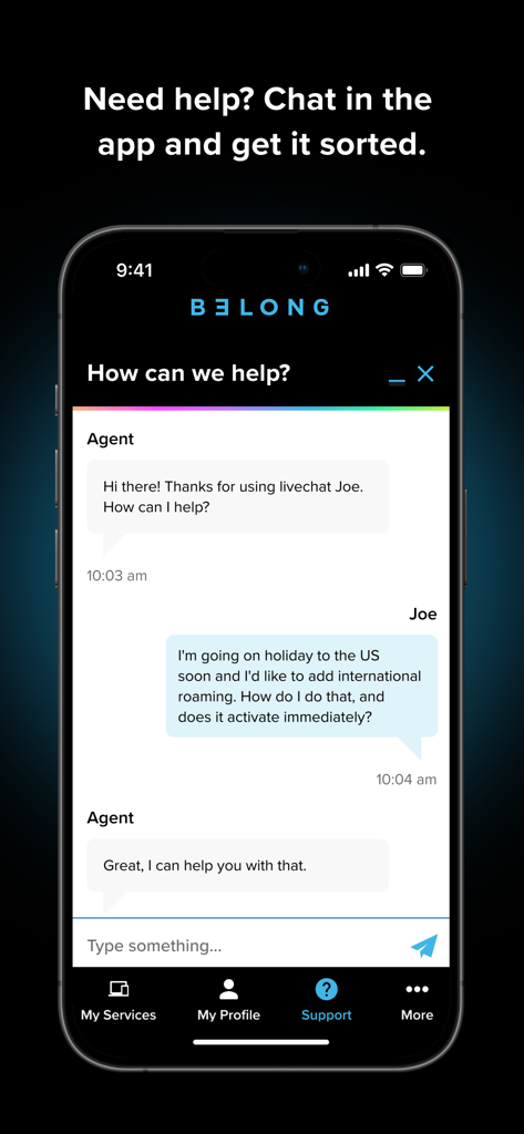 Belong app live chat support screen showing a customer service conversation
