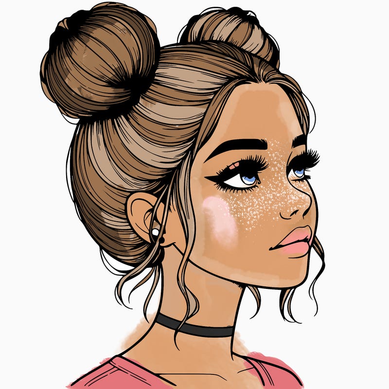 realistic girl with buns on the top of her head