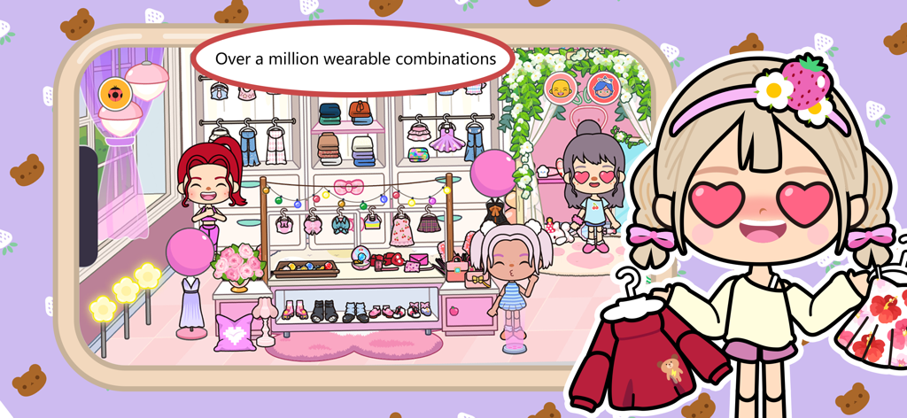Miga Town: My World - Cartoon characters in a dress up boutique with shelves of clothes and shoes in Miga Town My World