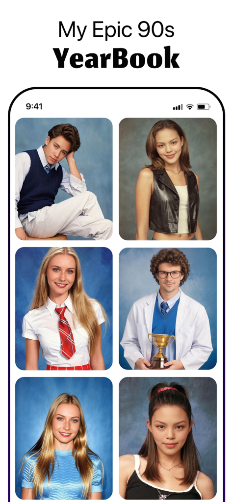 携帯電話の画面に表示された、AI生成の90年代風年鑑スタイルのポートレート