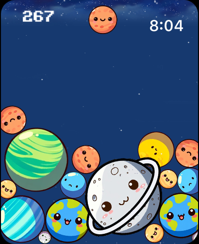 Merge Watermelon for watch - Gameplay screen of Merge Watermelon for watch showing cute celestial bodies with faces being merged in a space theme.