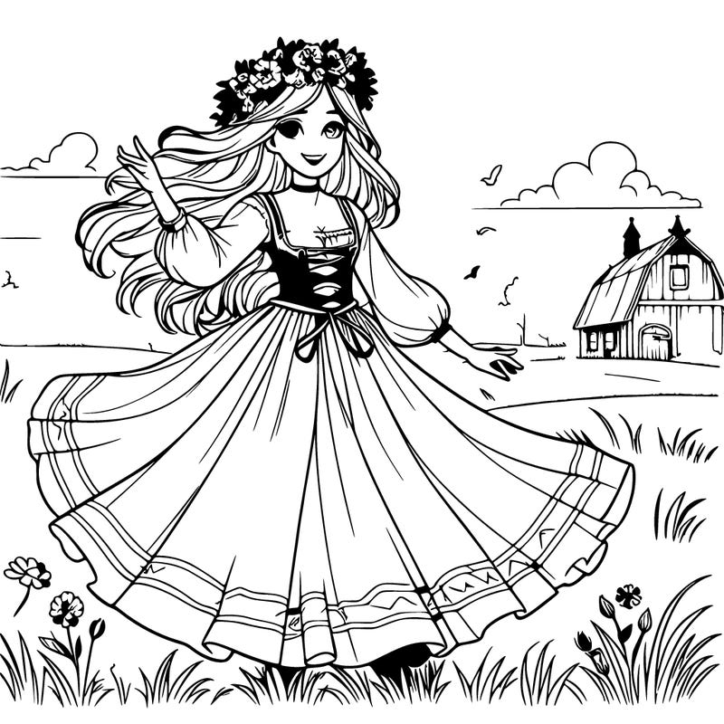 realistic medieval girl dancing in a field with a flower crown and long dress