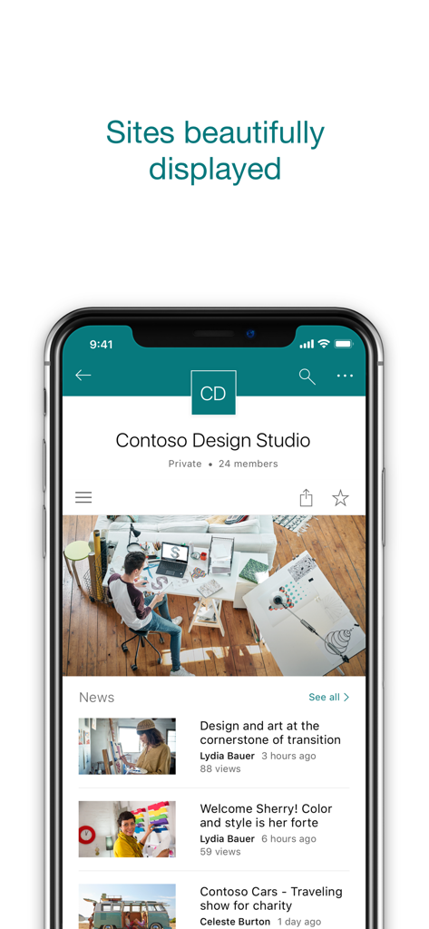 Interface do aplicativo Microsoft SharePoint exibindo um feed de notícias do site da equipe com artigos corporativos.