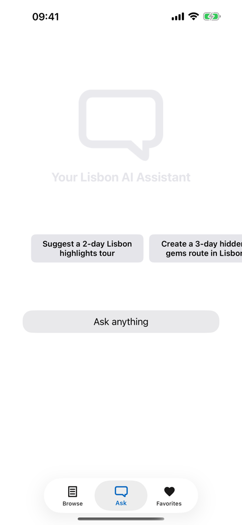 Interfaz del Asistente de IA de la aplicación Guía de Viaje de Lisboa con sugerencias de indicaciones para tours de 2 días de puntos destacados y 3 días de gemas ocultas
