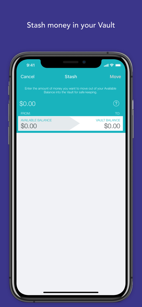 Turbo Card - Turbo Card mobile app screen showing the stash money in your vault budgeting feature