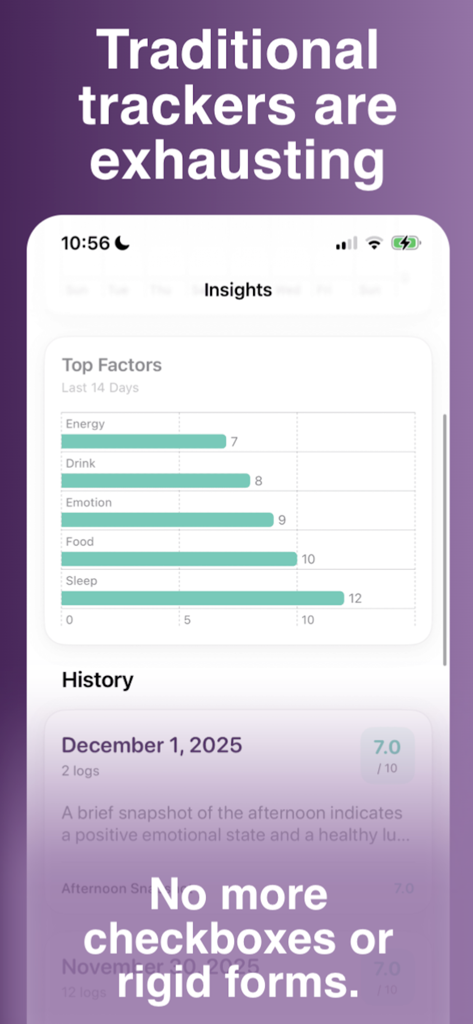Plum: AI Symptom Tracker - Écran d'aperçus de l'application Plum AI Symptom Tracker affichant les principaux facteurs de santé comme l'énergie et le sommeil avec des journaux d'historique
