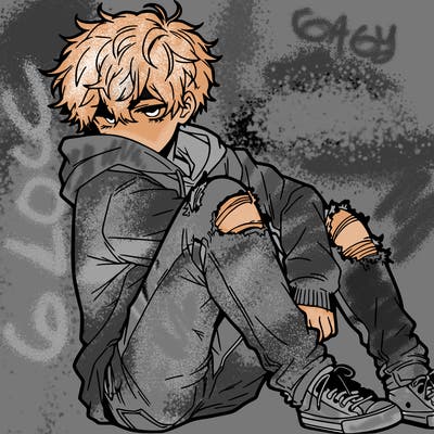 a male hoddie ripped jeans messy hair anime