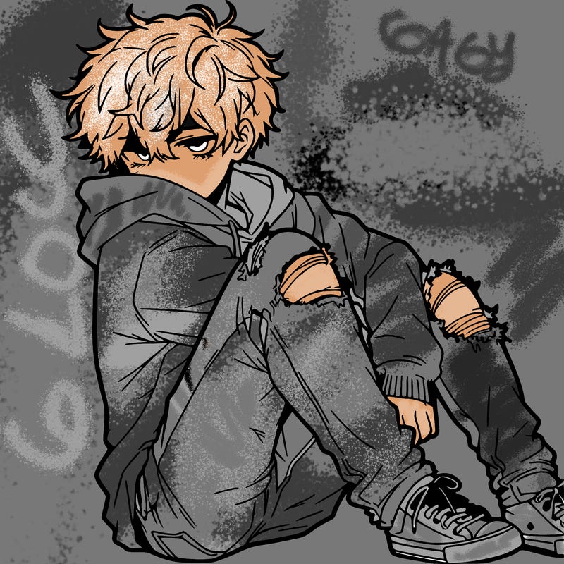 a male hoddie ripped jeans messy hair anime