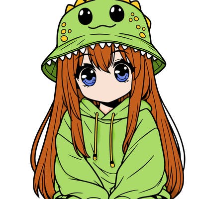 girl with anime shaped eyes with a dinosaur bucket hat oversized sweatshirt long straight hair