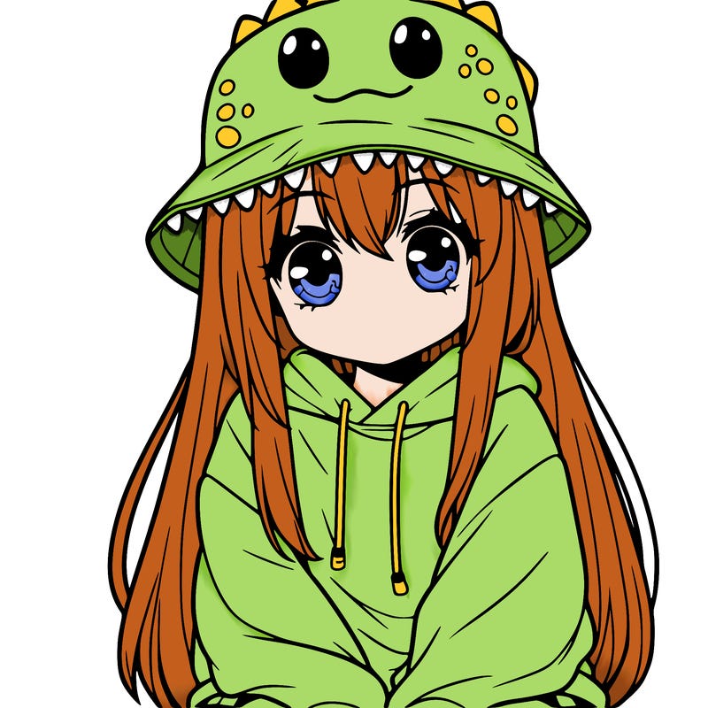 girl with anime shaped eyes with a dinosaur bucket hat oversized sweatshirt long straight hair