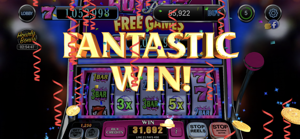 A classic slot machine screen from DoubleDown Classic Slots featuring a large golden Fantastic Win announcement with falling confetti and coins.