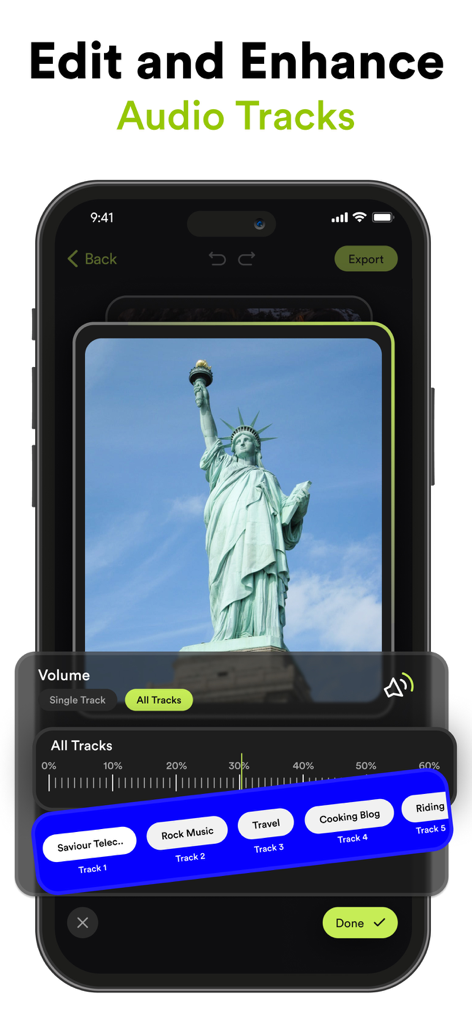 VILO: Video Editor Reel Maker - ビデオのオーディオトラックエディタと音量コントロールを表示するVILOアプリのインターフェース。