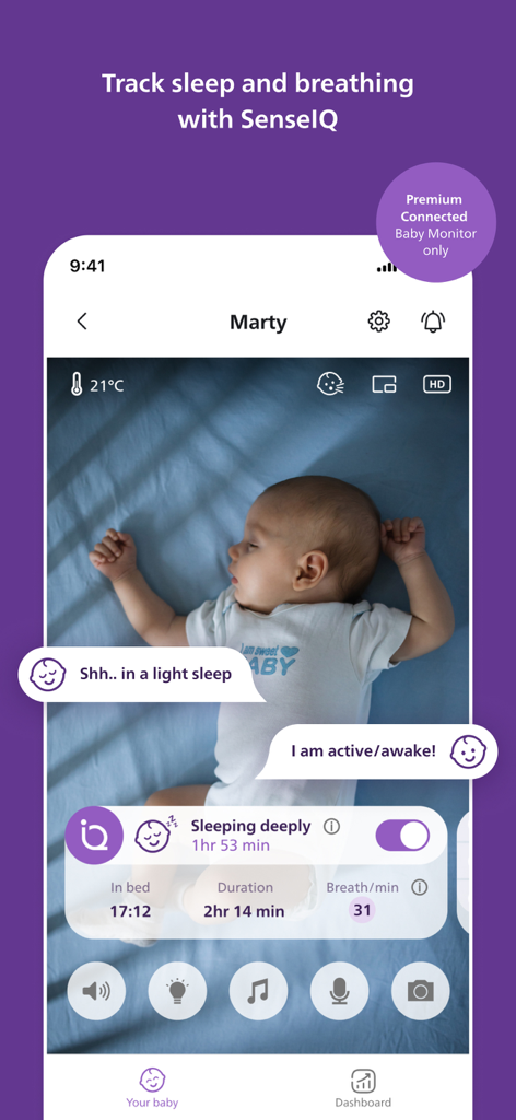 Philips Avent Baby Monitor+ - Aplicación Philips Avent Baby Monitor plus que muestra el estado del sueño y la frecuencia respiratoria con SenseIQ.