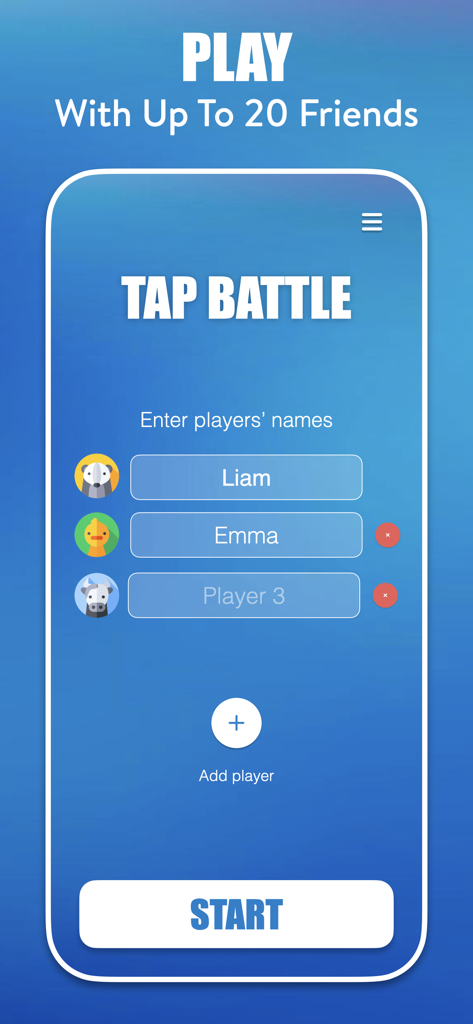 Tap Battle - Party Game - Tela de entrada de nomes de jogadores para o jogo Tap Battle mostrando nomes e ícones