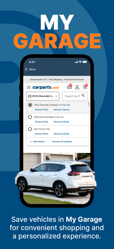 CarParts.com - The My Garage screen in the CarParts app showing a list of saved vehicles for a personalized shopping experience