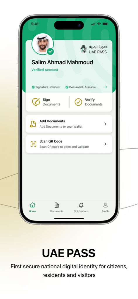 UAE PASS mobile app dashboard showing verified digital identity and document signing features.