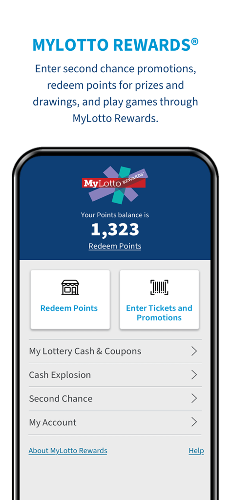 Ohio Lottery app MyLotto Rewards dashboard showing a points balance and options to redeem points or enter second chance promotions.