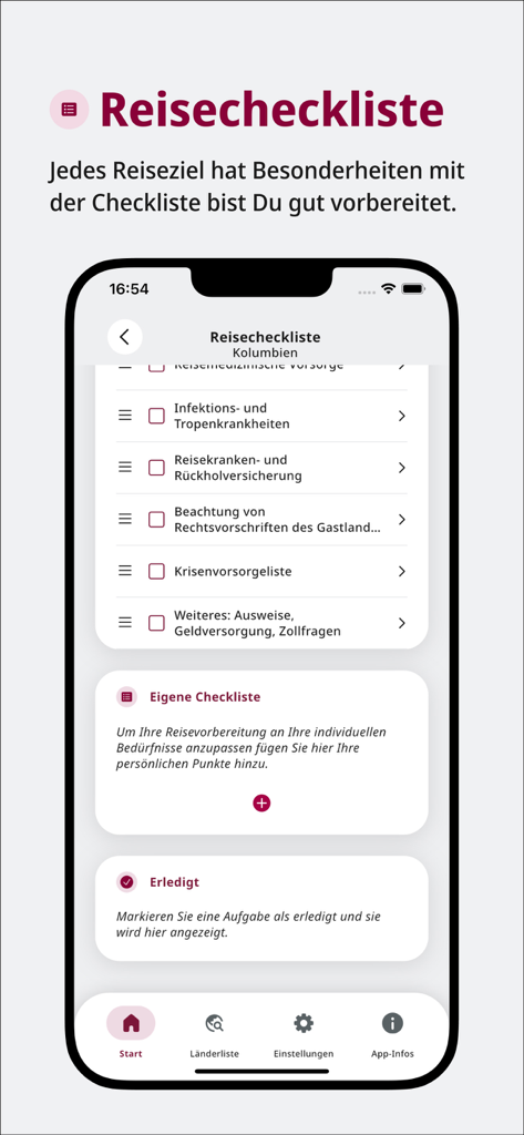 Interfaccia dell'app mobile Sicher Reisen che mostra una checklist completa di preparazione di viaggio per sicurezza e salute.