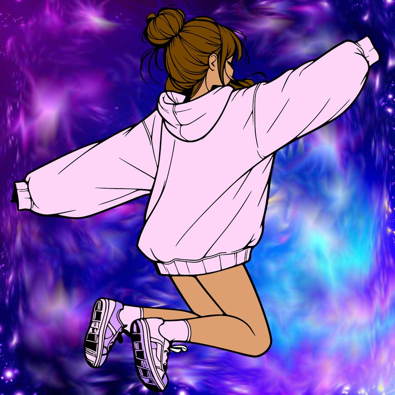 realistic girl jumping with a bun and oversized sweatshirt