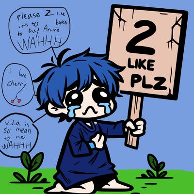 small poor toddler crying with sign that says 2 like plz