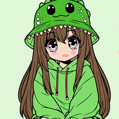 girl with anime shaped eyes with a dinosaur bucket hat oversized sweatshirt long straight hair