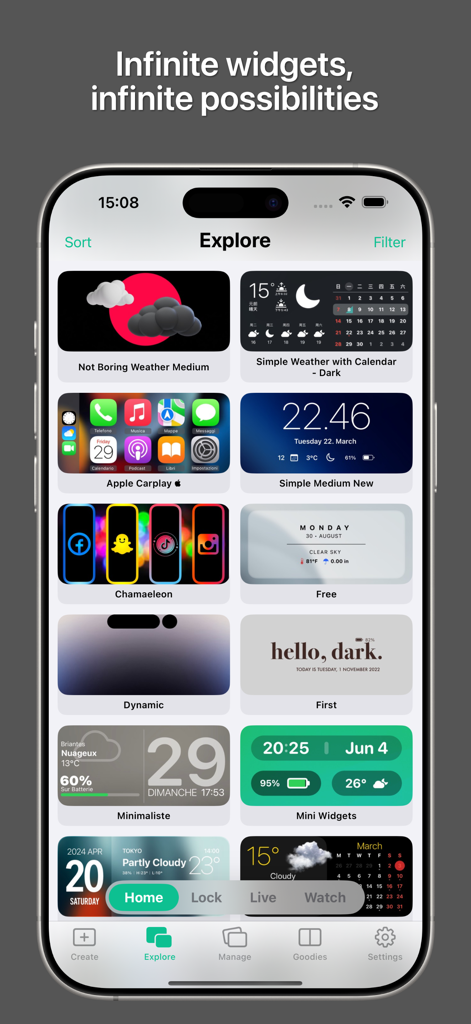 Widgy app explore screen showing a variety of custom widget designs for iOS home and lock screens.