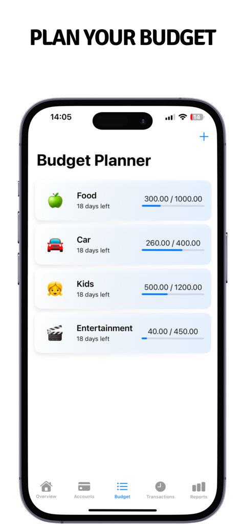 Finka - Finka app budget planner interface with spending categories and progress bars.