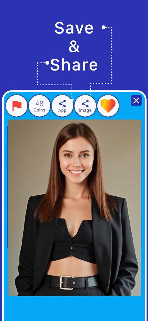 How Old Do I Look - Future Me - 保存および共有自撮り結果のオプションを表示するHow Old Do I Lookアプリのインターフェース。