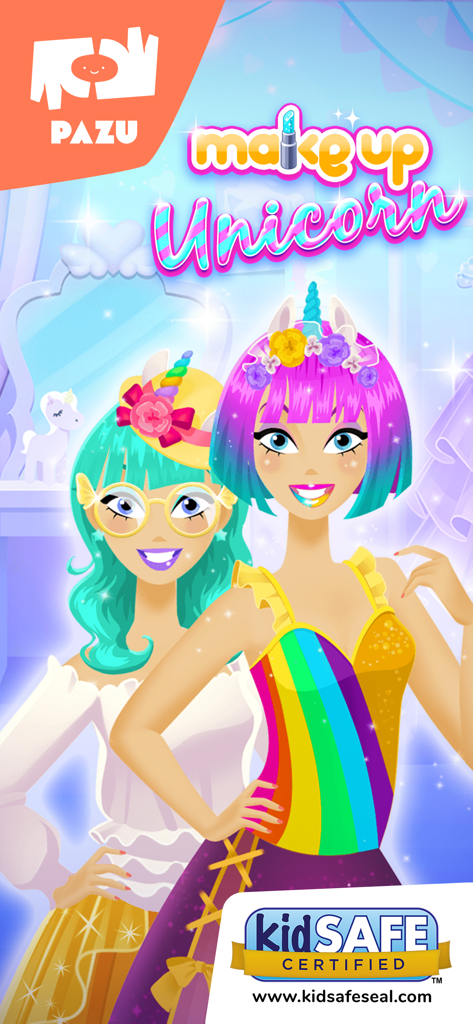 Stylized girls with unicorn horns and colorful hair in the Makeup Girls Unicorn Dress Up game.