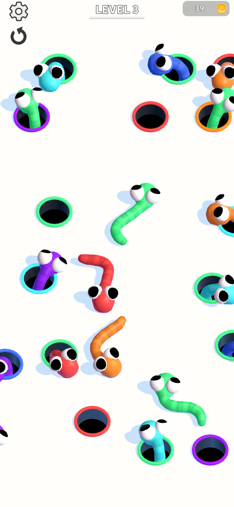 Hole Worm - Colorful cartoon worms crawling into matching colored holes in the Hole Worm puzzle game