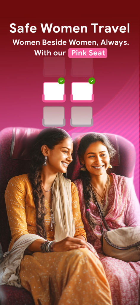 AbhiBus Bus Ticket Booking App - Two women smiling on a bus highlighting the AbhiBus pink seat safety feature for women traveling in India.