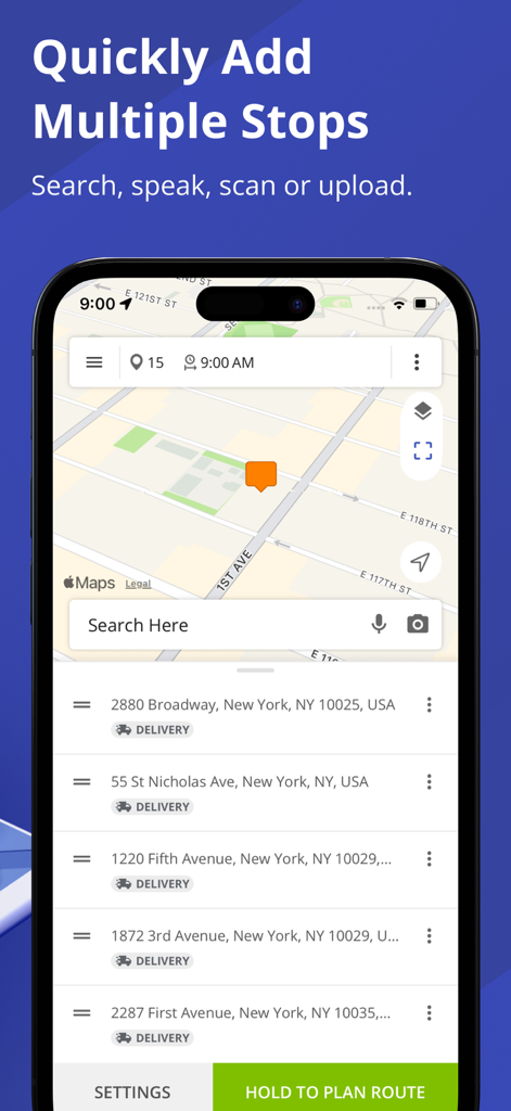 Route4Me Route Planner - Interface of the Route4Me app showing multiple delivery addresses and a map for route optimization.