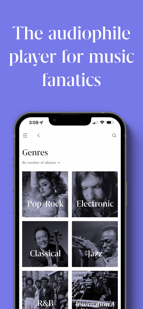 Interfaz de la aplicación Roon mostrando diferentes géneros musicales en la pantalla de un smartphone