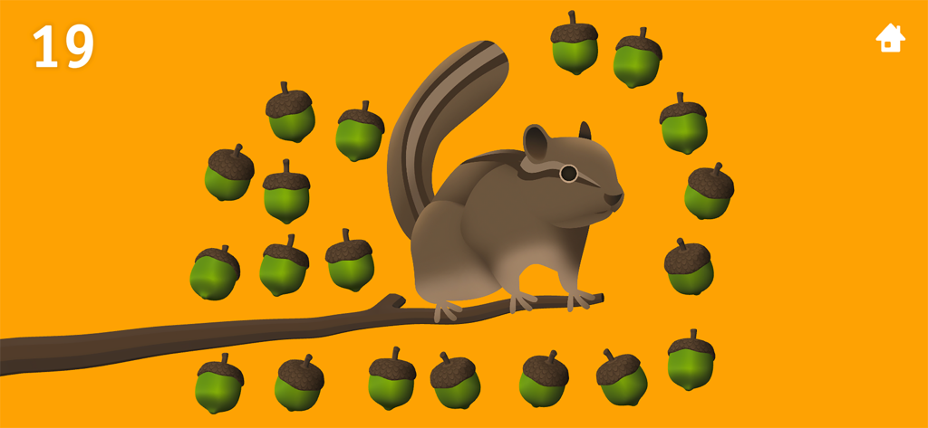 TallyTots Counting 123 Game - A squirrel on a branch surrounded by nineteen acorns in the TallyTots Counting game