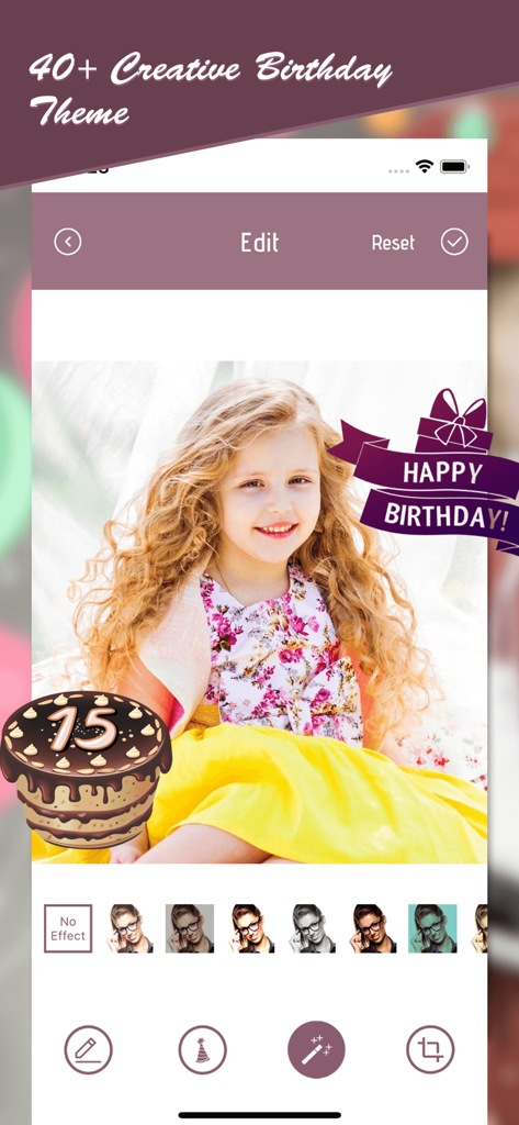 Video Maker Photos With Song - Una interfaz de edición de fotos que muestra a una niña con un sticker temático de cumpleaños y un pastel.