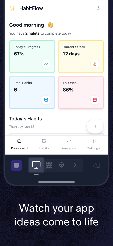 Interface mobile Replit affichant un tableau de bord d'application personnalisé de suivi des habitudes nommé HabitFlow.
