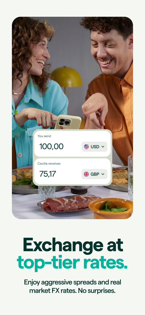 AstroPay - Global Wallet - Two people using the AstroPay app to exchange USD to GBP at top-tier rates