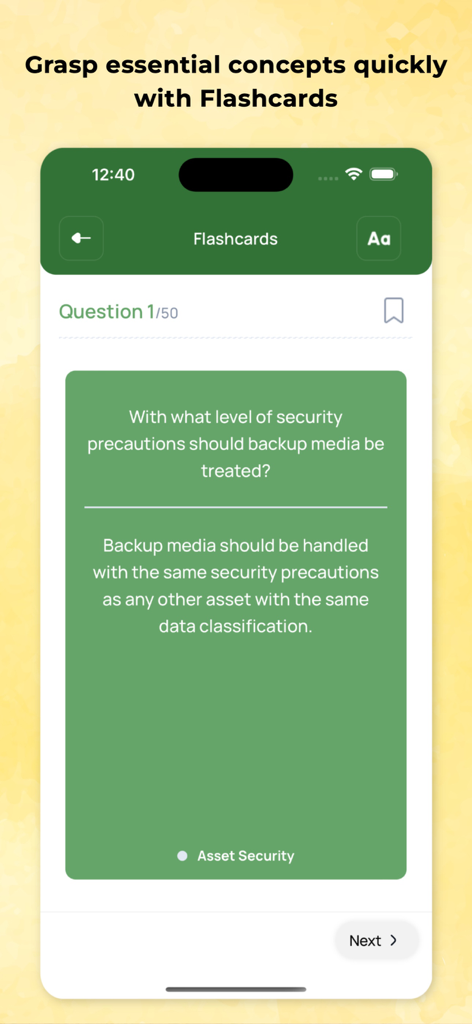 A study flashcard in the ISC2 official app showing a question about asset security for cybersecurity exam preparation