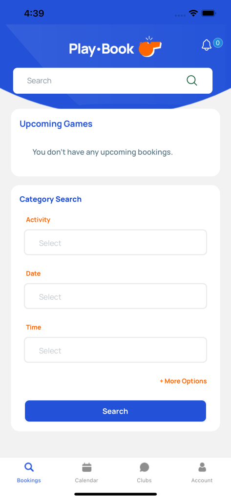 Play.Book - Play Book app search screen for booking sports activities by date and time