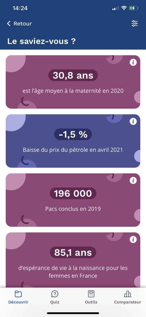 Insee Mobile app interface showing statistical facts about French demographics and economy.