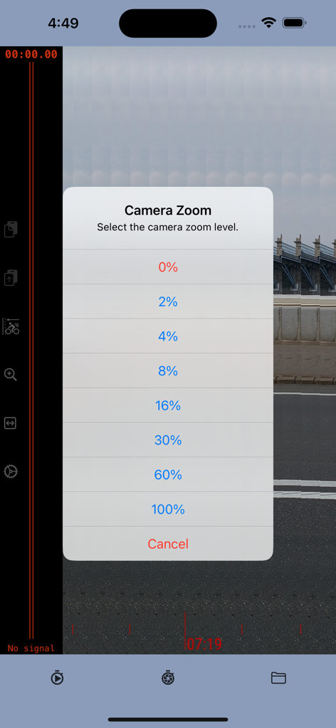 Menú de selección de nivel de zoom de la cámara en la app Photo finish