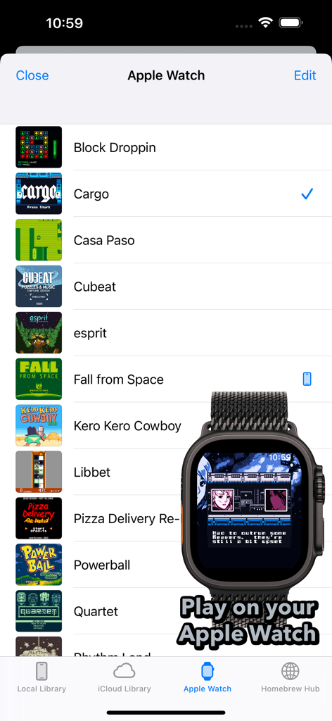 SameBoy app interface showing a list of retro games and a visual preview of playing on an Apple Watch.