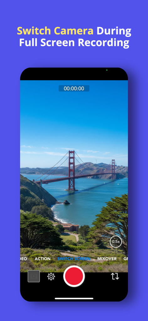 MixCam: Front and Back Camera - MixCam app interface showing full screen recording of the Golden Gate Bridge with the option to switch between front and back cameras