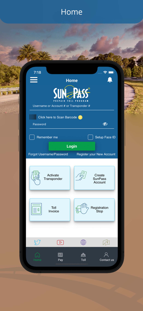 SunPass mobile app home screen with login fields and account management buttons